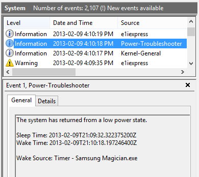 Event Viewer: Power-Troubleshooter event